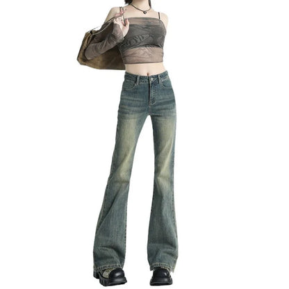 High Waist Slimming Denim Pants,   Retro American Style  FOR  Autumn New Fashionable Women's Pants,  Micro Flared Long Pants  OF STRETCHABLE Polyester