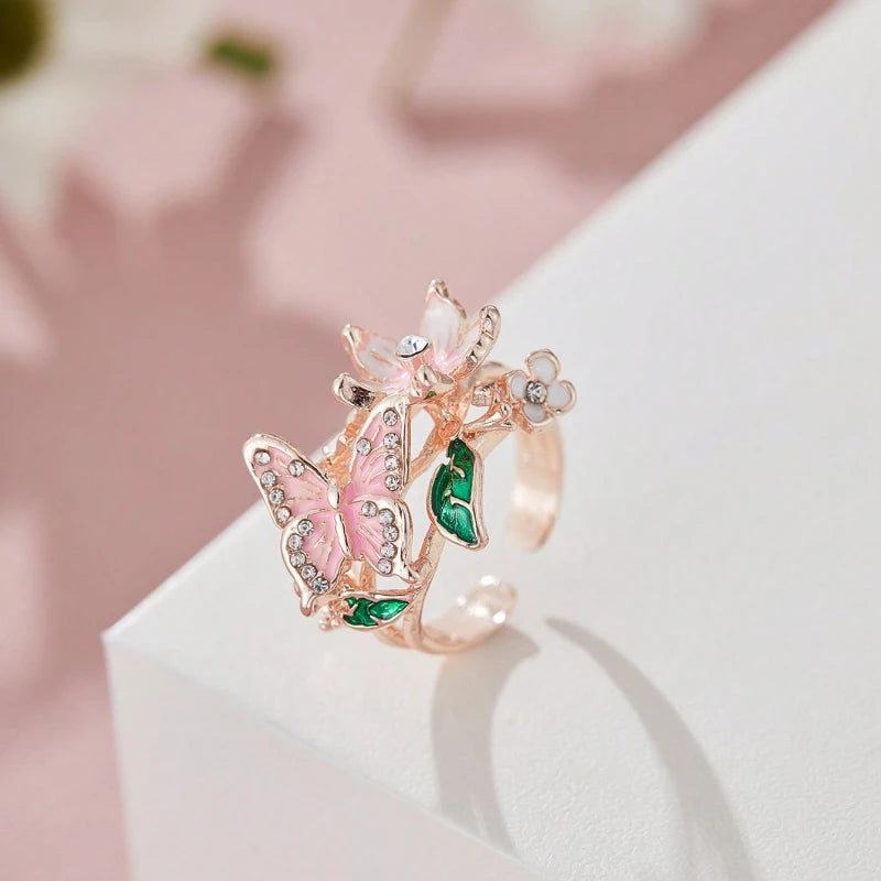 Aesthetic Flower Butterfly Rings for Women.  Romantic Rhinestone,  Stylish Non-fading Opening Ring