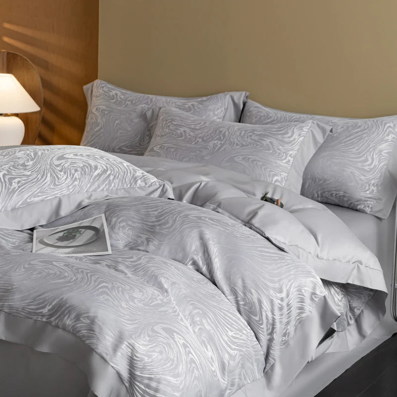 European Luxury Jacquard Ice Silk Duvet Cover Set,  Fashion Bow Pattern Queen King Bedding Set Skin Friendly Comforter Cover Set