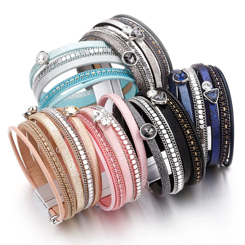Resin Crystal Charm Leather Bracelet for Women. Bohemian Multilayer Bracelets & Bangles Jewelry.  BLACK, DARK BLUE and GOLD are Available.