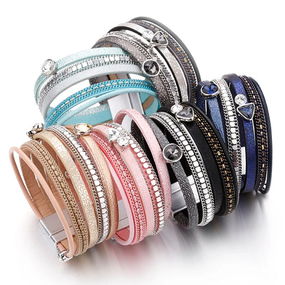 Resin Crystal Charm Leather Bracelet for Women. Bohemian Multilayer Bracelets & Bangles Jewelry.  BLACK, DARK BLUE and GOLD are Available.