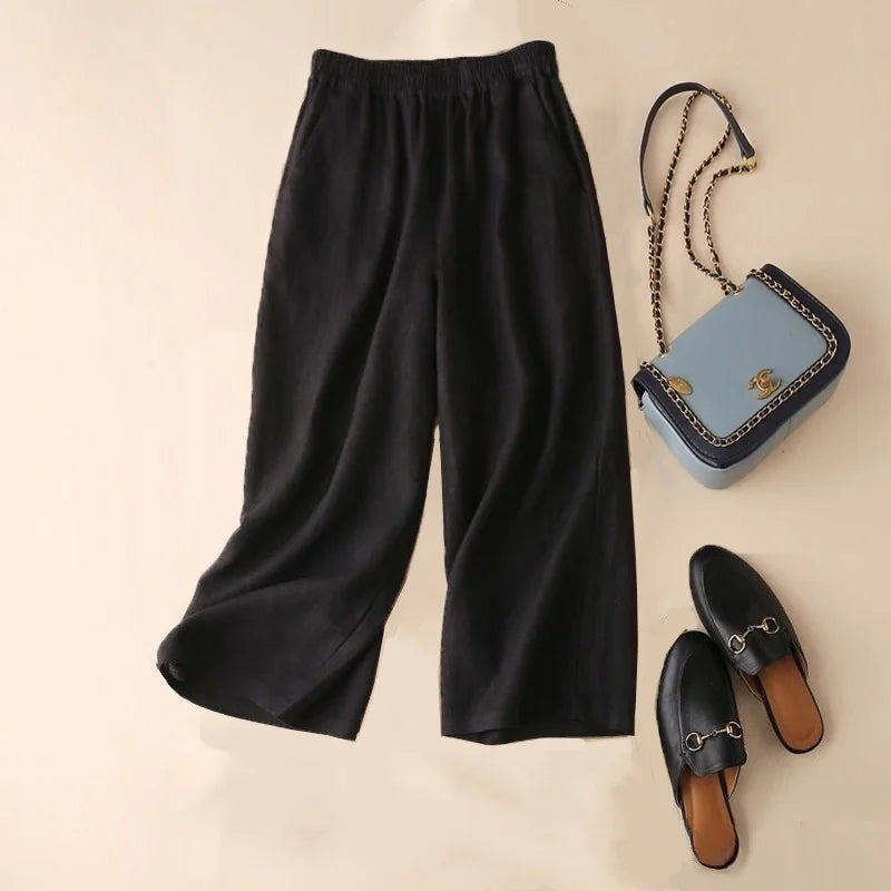 Cotton Linen Straight Leg Pants,  Womens Summer Loose,  Versatile,  Large Size Linen,  Nine Points Casual Thin Ladies Trousers.  Sevevral different lengths and some 100% cotton, some Cotton-linen blend.