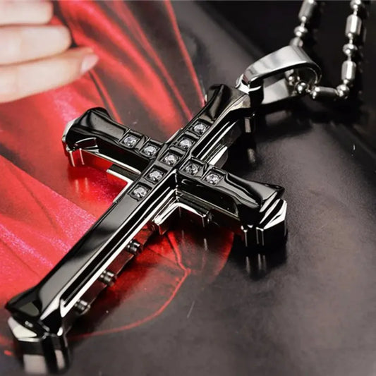 New Male Crystal Cross, Pendant in Silver/Gold/Black/Blue Color,  Zirconia Cross Pendant / Necklace. Stainless Steel Jewelry.  Black is most available.  Blue is Least available, then Silver, then gold.