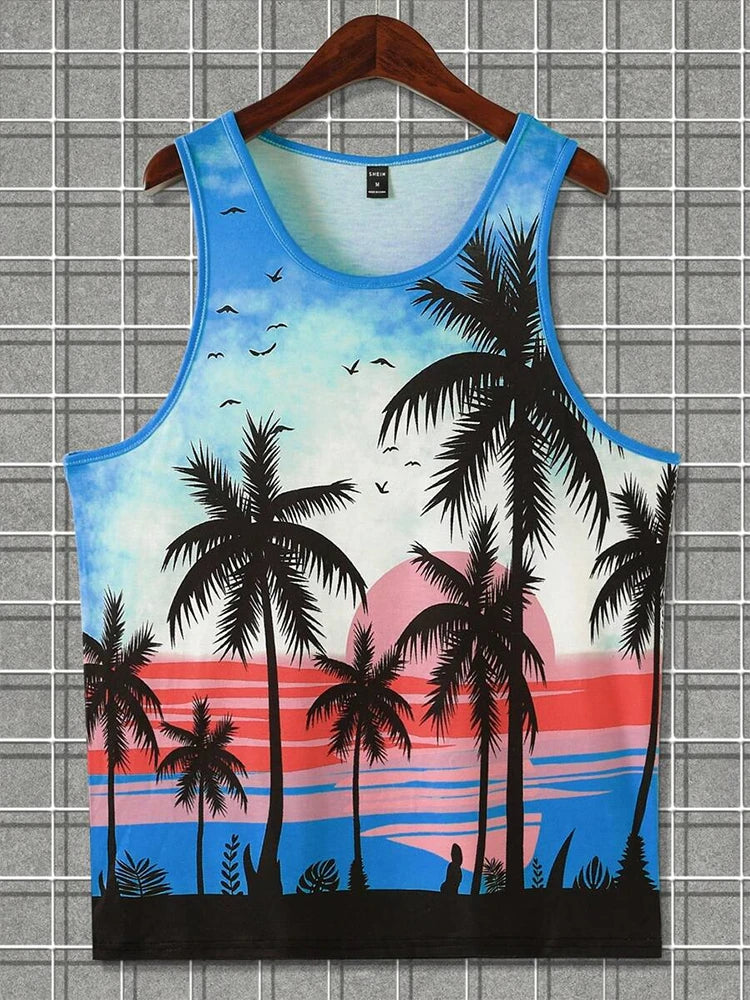 Summer Casual Men's Sleeveless T-shirts,One color bleeding into the next (in a gradient manner)and also VACATION Pictures/Island scenes and  Hawaiian  Land-scapes. Fashion O-Neck,  Tank Top for  Outdoor Beach or just loungin