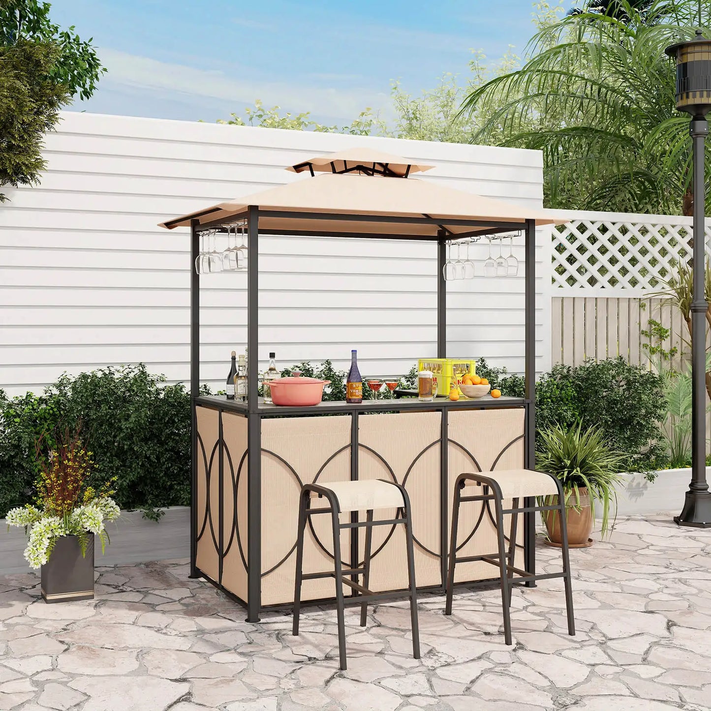 3 PCS,  Patio Bar Set with Tempered Glass Bar Table, Metal Storage Shelves for Garden Storage