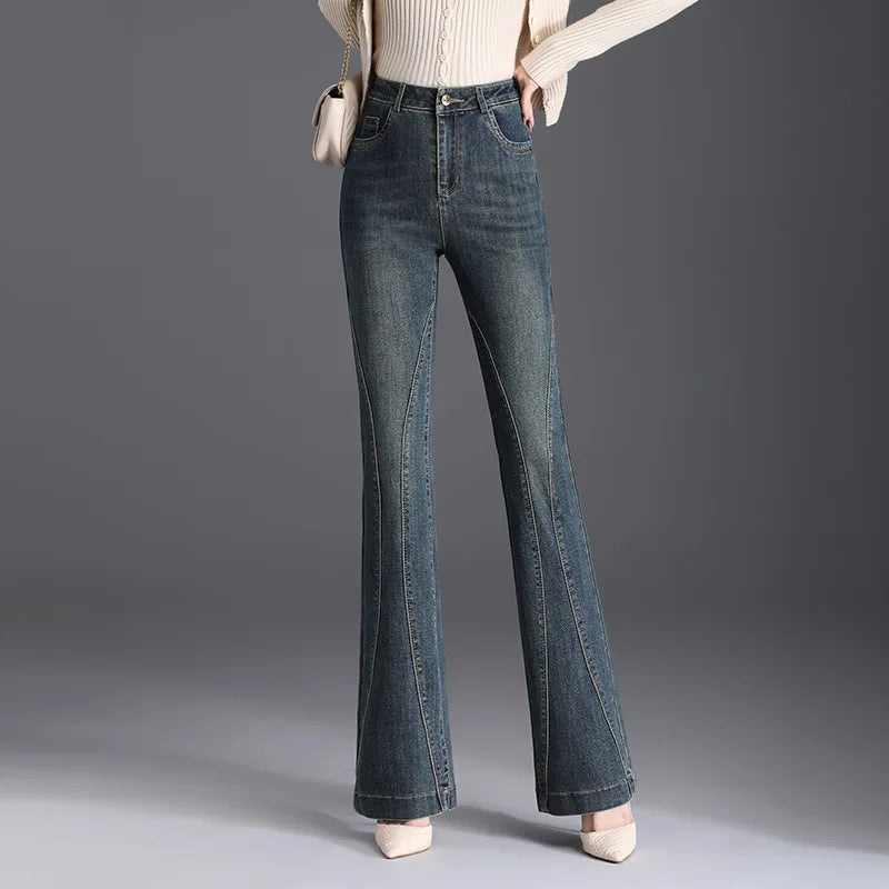 Women's Autumn/Winter New High Waist Micro Horn Jeans,  High Quality Fashion, Slimming,  Plush Casual Pants, Slight STRETCH