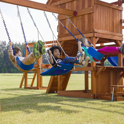 Swing Set for Backyard with Plank Bridge, Wooden Playground Set with 2 Wave Slides, Monkey bar