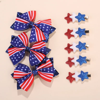 2/4 Sets of New American Patriotic items.  Five Pointed Star Bow Top Decoration Daughter/ Children's Flag Star Hair Clip Set