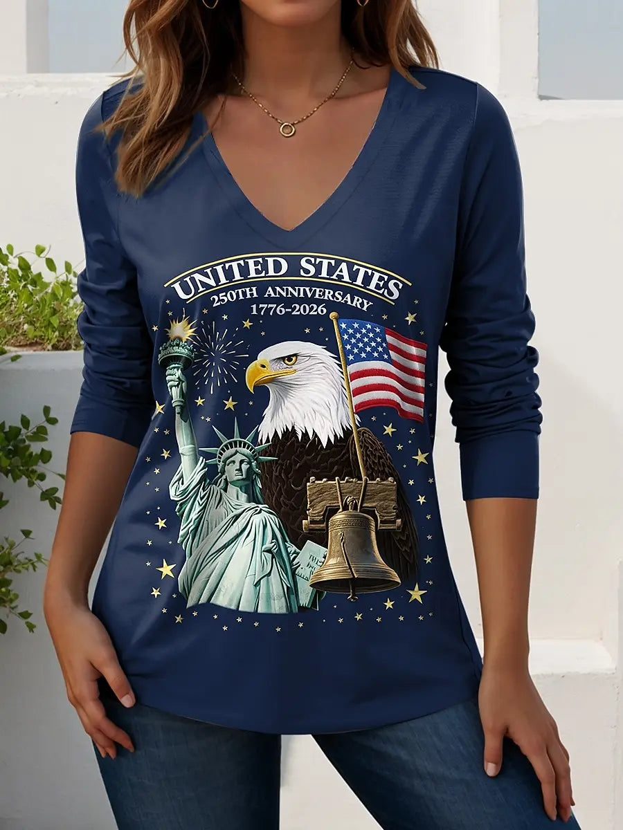 US Flag 250th anniversary Pattern Vintage Women's Long Sleeve T-shirt Summer 3D Print, polyester Tops Women Clothing