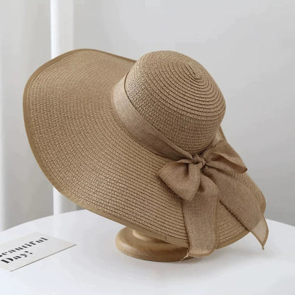 Summer Women's Large brimmed Straw Hat with Bow  and Wide BRIM.  Sunscreen,  Soft, Panama Hat, Foldable Beach Sunshade Hat