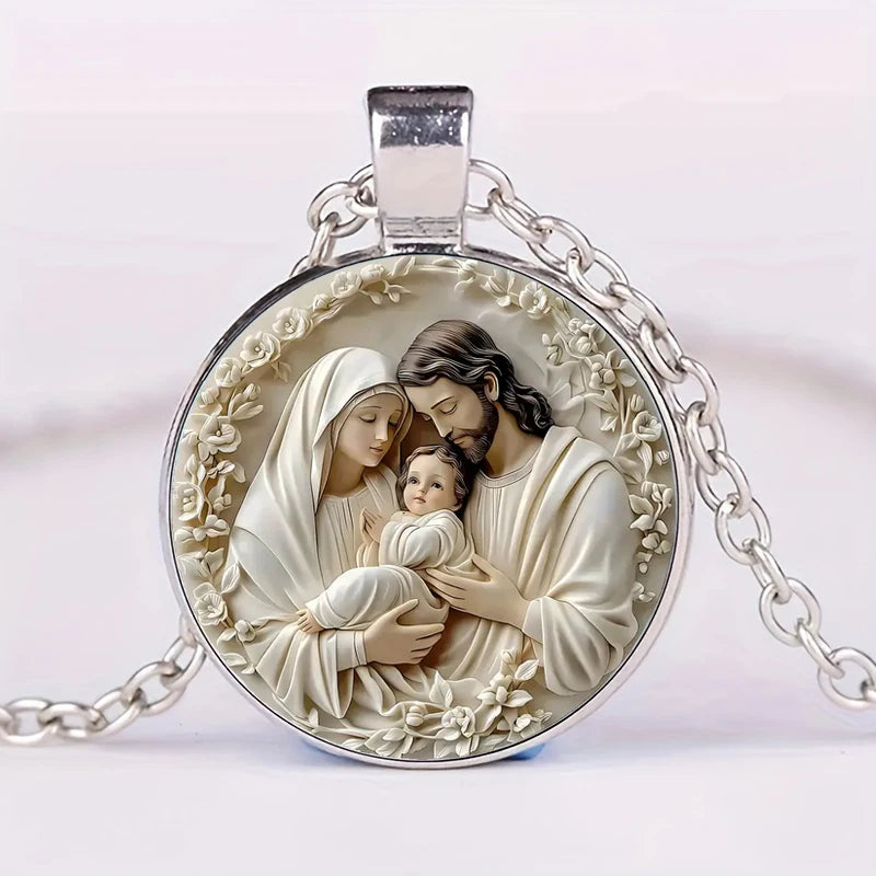 The Holy Family Glass Pendant Necklace,  Catholic Saint Joseph,  Virgin Mary,  Jesus Necklace