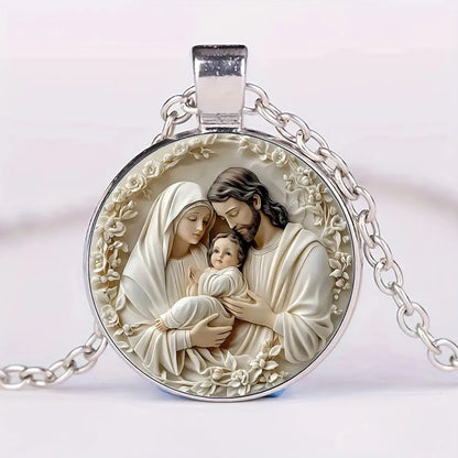 The Holy Family Glass Pendant Necklace,  Catholic Saint Joseph,  Virgin Mary,  Jesus Necklace