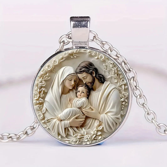 The Holy Family Glass Pendant Necklace,  Catholic Saint Joseph,  Virgin Mary,  Jesus Necklace