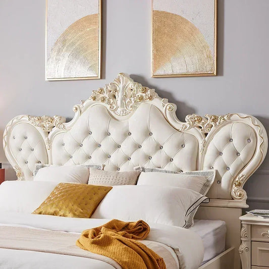 Vintage Nordic Luxury Bed,  Master Queen /King, Modern Regale Bed Wood Bedroom Leather Antique Safe  Queen Size Trendy Furniture