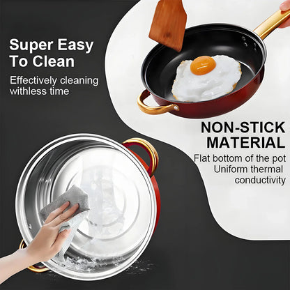 Red Cookware Set. 12-Piece, Stainless Steel, Non-Stick, Kitchen Cookware Collection.