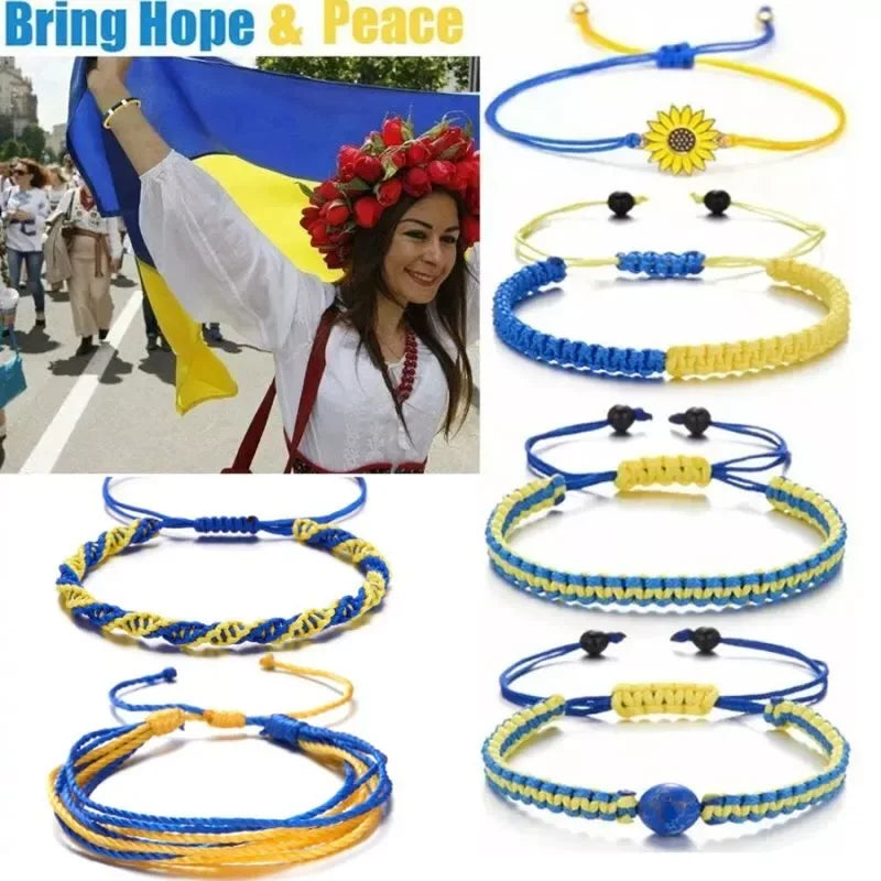 Handmade Blue & Yellow Ukraine Country Peace Love Woven Bracelet Leather Women/ Men Jewelry Gift, Adjustable
