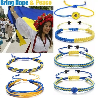 Handmade Blue & Yellow Ukraine Country Peace Love Woven Bracelet Leather Women/ Men Jewelry Gift, Adjustable