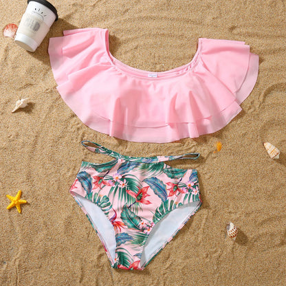 Summer Mommy and Daddy /Son/ Daughter Clothes, Family Matching Outfits Leaf Printing Swimwear