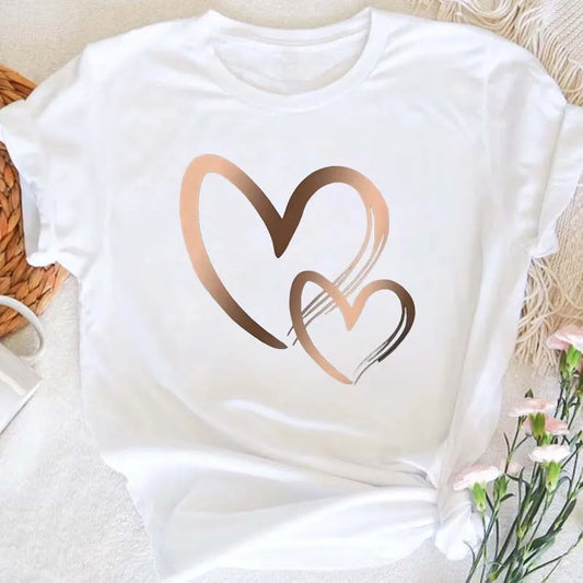 Summer  Fashion  for Women's Hearts, Printed T-shirt,  Trendy,  Casual  with Round Neck.   Top with Short Sleeves for Women. Just a few Color/sizes are gone.  Most of the 5 colors and sizes are waiting for you