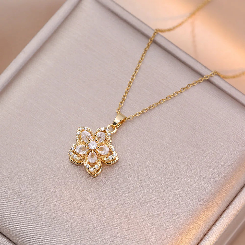 Shiny Zircon Romantic Flower Pendant, Necklace For Women Gold Plated Rotatable Flowers Choker for Girls , Wedding Party,  Luxury Jewelry