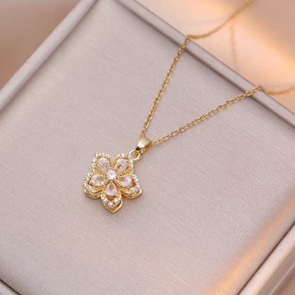 Shiny Zircon Romantic Flower Pendant, Necklace For Women Gold Plated Rotatable Flowers Choker for Girls , Wedding Party,  Luxury Jewelry