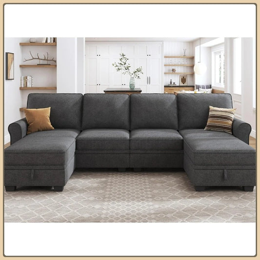 U-Shaped Sectional Sofa with Storage, Reversible Chaise for Living Room, Dark Grey
