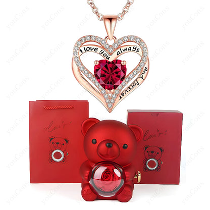 Red Heart Pendant Necklaces With Cute Bear Rose.  Gift Box For Women,  Mothers  Day 2026 Christmas Valentine Wedding Birthday Jewelry