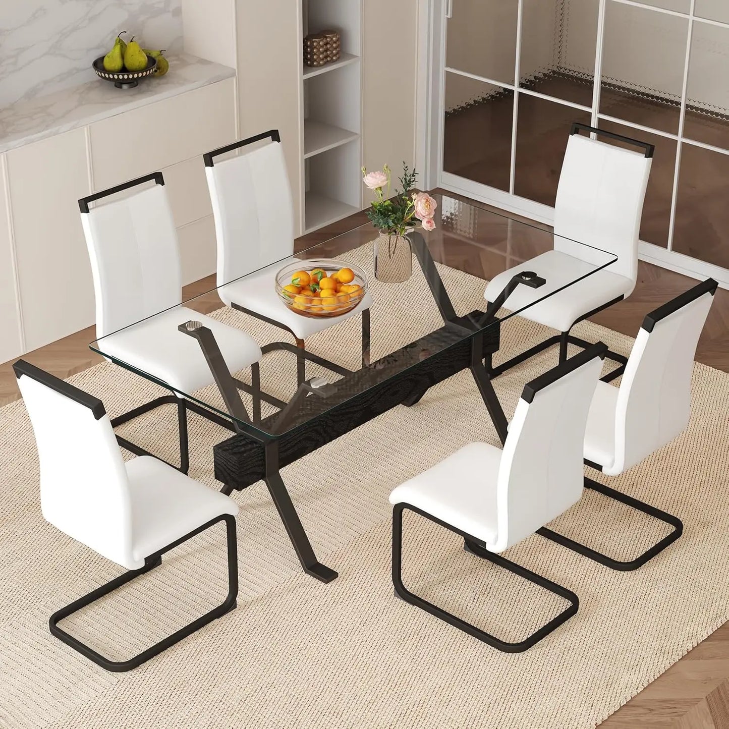 71“ Glass Dining Table Set for 6, Modern 7-Piece Dining Table Set,Rectanglular Tempered Glass Top and Metal Legs, Customized
