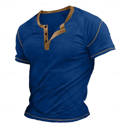 Retro Men's Button-Down T-Shirt  (HENLEY-STYLE), Minimalist Print T-Shirt,  Loose-Fit,  Casual Summer Shirt,  Stylish Streetwear Men.