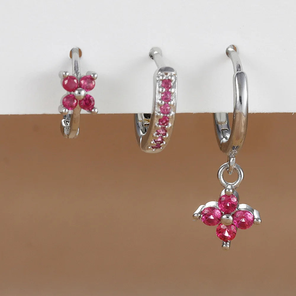 3PCS Fashion Orange Blue Zircon Hanging Earrings Set for Women Stainless Steel Flower Dangle Earring Piercing Jewelry