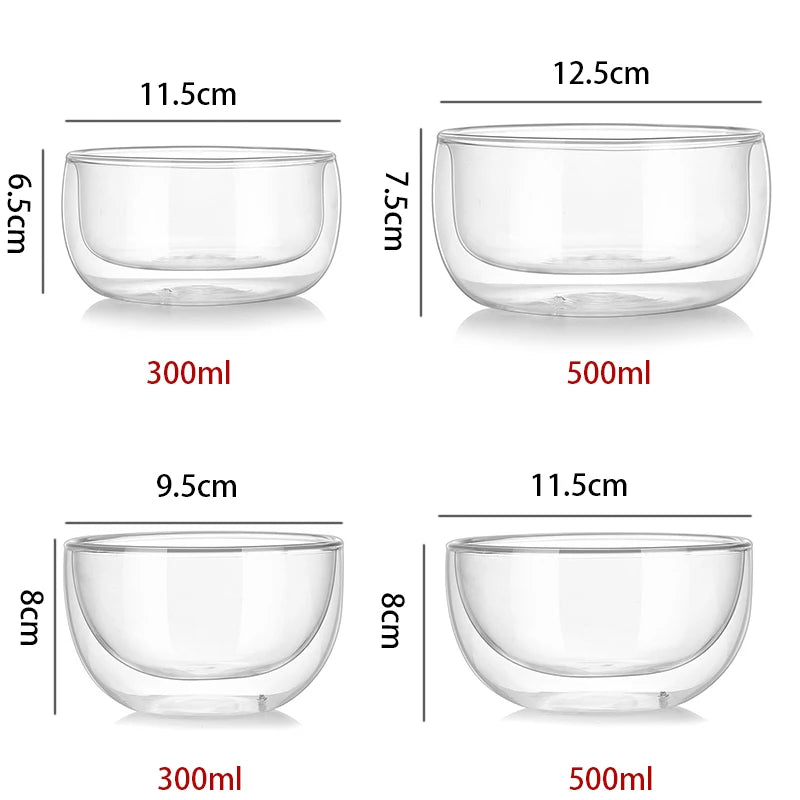 YWDL 300/500ml Clear Double Layer Glass Bowl Heat-resistant Fruit Salad Bowl  Kitchen Glassware For Soup Cereal Dessert Bowls