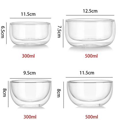 YWDL 300/500ml Clear Double Layer Glass Bowl Heat-resistant Fruit Salad Bowl  Kitchen Glassware For Soup Cereal Dessert Bowls