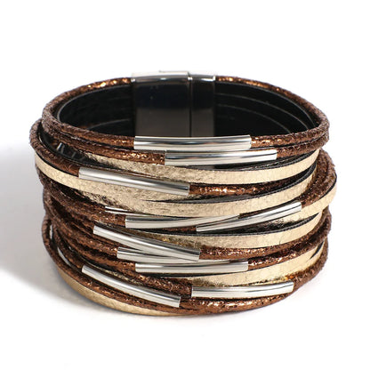 Trendy Metal Tube Leather Bracelet for Women /Men.  Chunky Glitter Filled Slim Multilayer Wrap Wide Bracelets. Nice JewelryGift