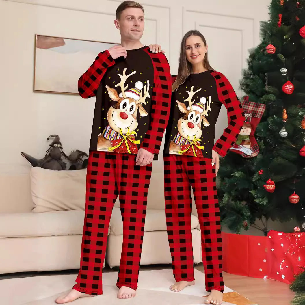 New checkered Christmas parent-child set  of pajamas with cartoon print of  a little deer