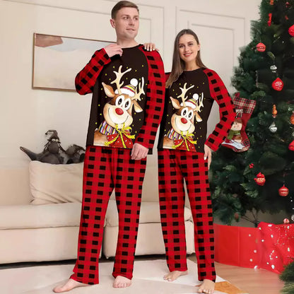 New checkered Christmas parent-child set  of pajamas with cartoon print of  a little deer