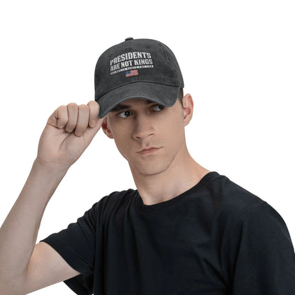 "Presidents Are Not Kings"  USA Flag Unisex Baseball Cap.  " No Kings In America "
Distressed Denim Washed Hats Cap,  Outdoor Soft Headwear Lots of choices of color.