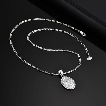 Virgin Mary Necklace for Men Boys,Catholicism Oval Pendant with Figaro Chain,Faith Prayer Jewelry Gift