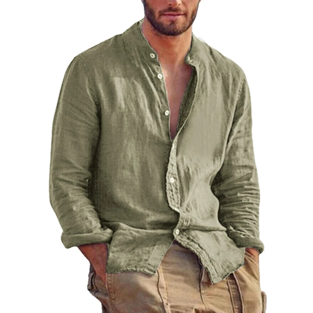 Men's Solid Colors with  Long Sleeve Shirts.  Linen/  Cotton  Trend.   Plus-sizes, Stand-up Collar,  Casual Lightweight.