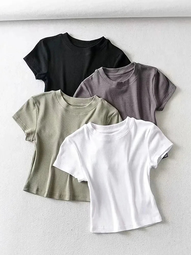 Summer Sexy Womens  O-neck Short-sleeve T-shirt,  Slim Elastic Skinny Crop Tops