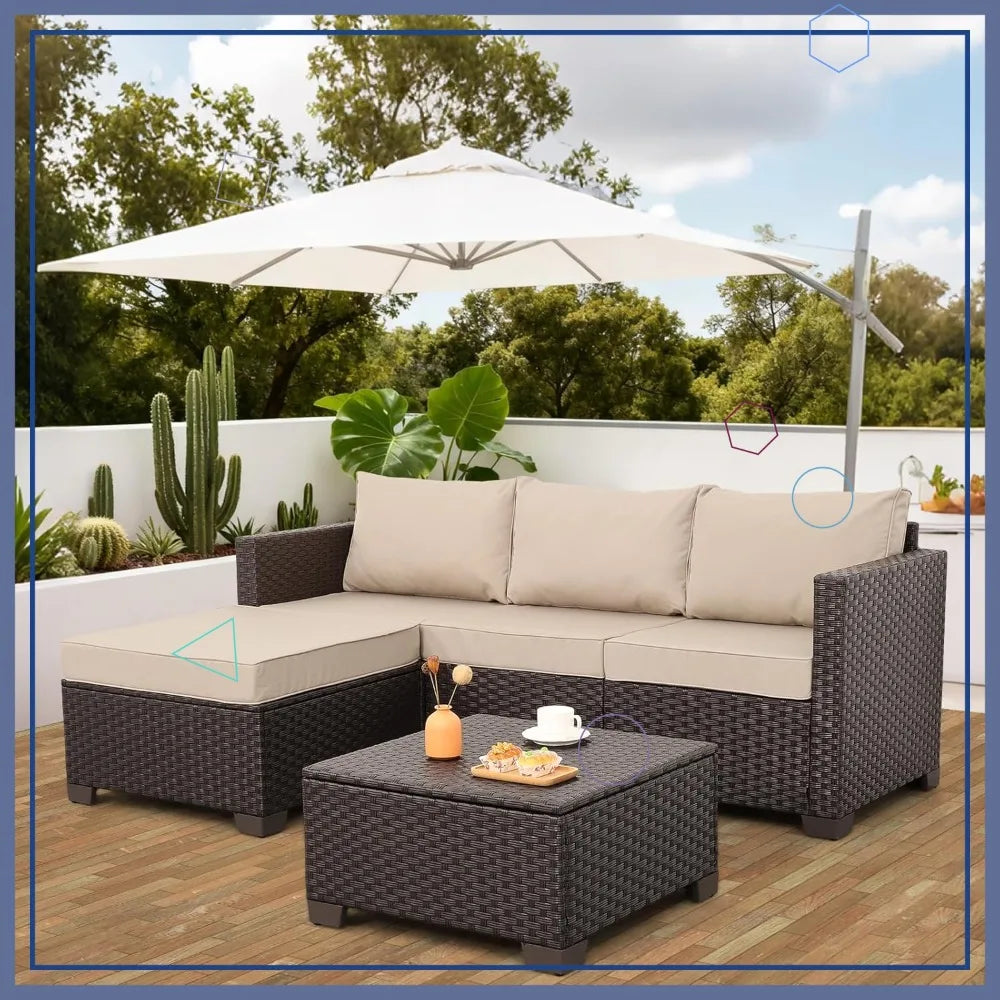 Outdoor Sectional Sofa Set, 3-Pieces with Storage Table, Ottoman, All-Weather Cushions & Waterproof Covers