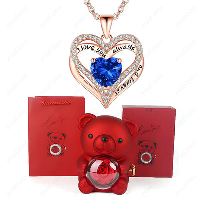 Red Heart Pendant Necklaces With Cute Bear Rose.  Gift Box For Women,  Mothers  Day 2026 Christmas Valentine Wedding Birthday Jewelry