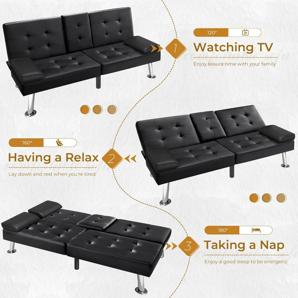 Futon Sofa Bed,  Modern Faux Leather Couch Bed,  Convertible Folding Recliner for Living Room with 2 Cup Holders and Armrest, Black or Brown.