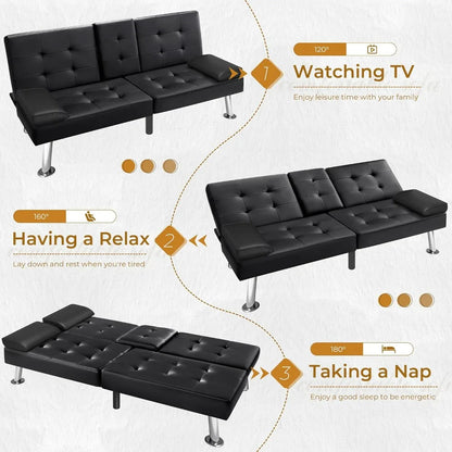 Futon Sofa Bed,  Modern Faux Leather Couch Bed,  Convertible Folding Recliner for Living Room with 2 Cup Holders and Armrest, Black or Brown.