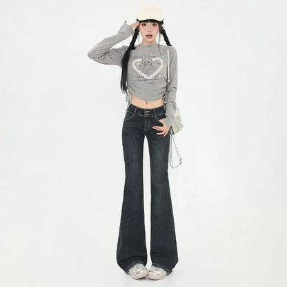 Low-Waist Bell Bottom Jeans Women's Slimming Design American Style Spicy Girl Jeans Cotton Denim Lazy Style Water Washed
