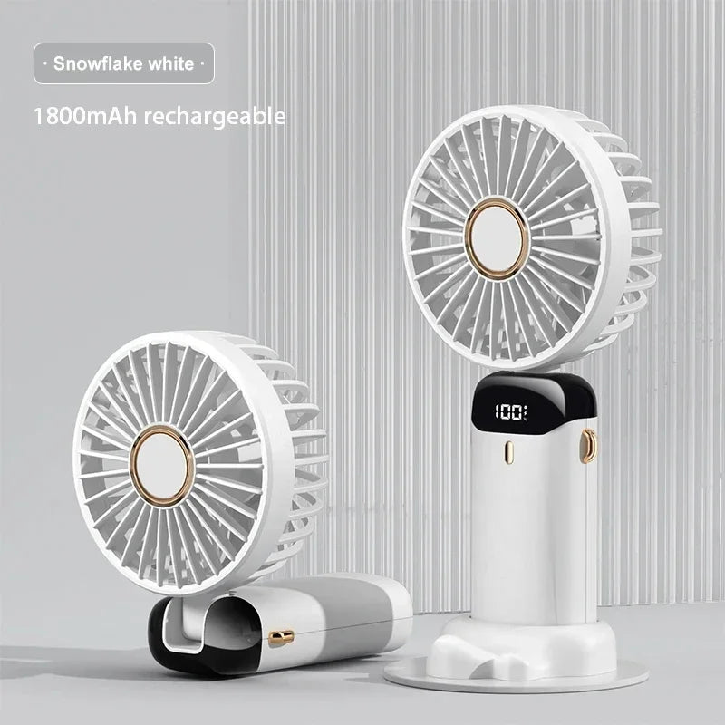 Portable Handheld Mini Fan, Foldable Neck Hanging Fans , 5 Speed USB Rechargeable Fan with Phone Stand and Display Screen, 1800mAh.  BLUE< PURPLE< WHITE Colors are Available