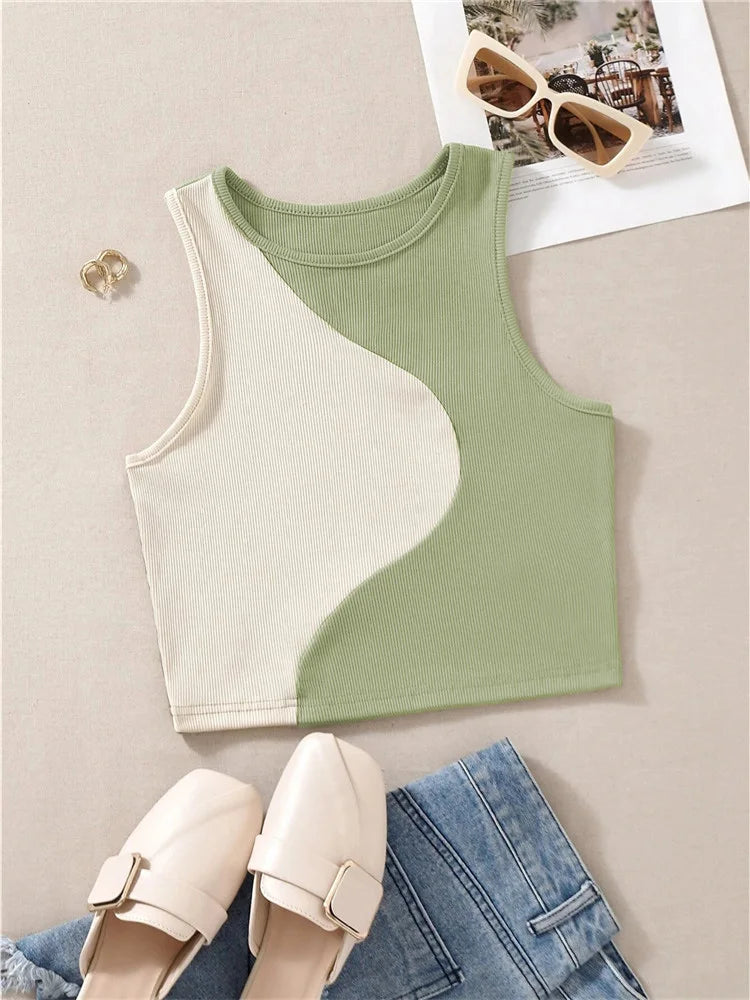 Women's Ribbed Knit Tan Tank Top O-neck Sleeveless Cute Baby Tee, Summer Patchwork Color Block Crop Top T Shirt.  Tan color ONLY available S, M, L.  Pink is OUT-OF-STOCK.