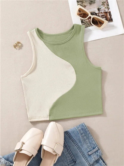 Women's Ribbed Knit Tan Tank Top O-neck Sleeveless Cute Baby Tee, Summer Patchwork Color Block Crop Top T Shirt.  Tan color ONLY available S, M, L.  Pink is OUT-OF-STOCK.