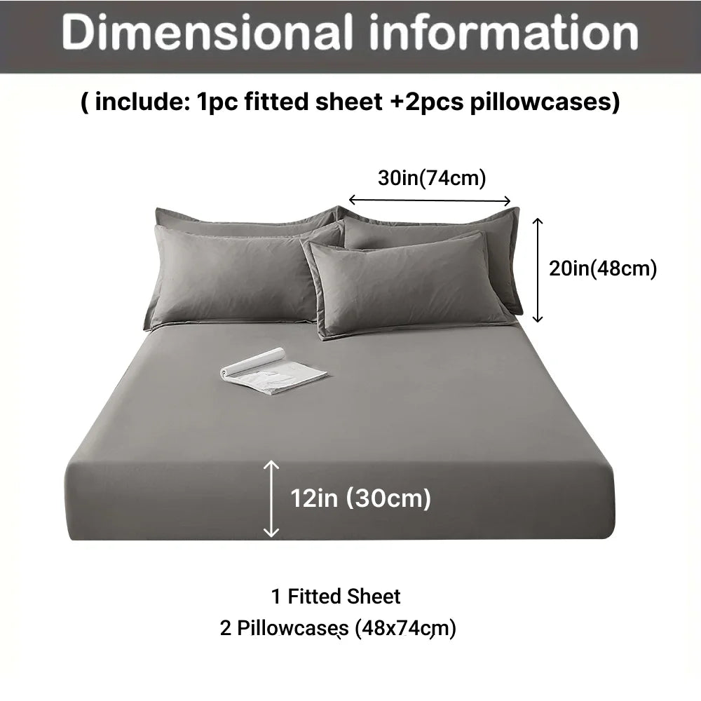 3pcs Cotton Fitted Bed Sheet Set (1 Fitted Sheet + 2 Pillowcases) Breathable.  Soft,   Mattress Cover with Pillow Covers