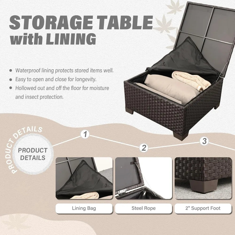 Outdoor Sectional Sofa Set, 3-Pieces with Storage Table, Ottoman, All-Weather Cushions & Waterproof Covers