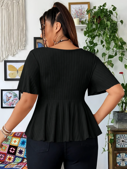 Plus Size (0XL though 6XL),  Ribbed Knit Tops  with Deep V Neck,  Flutter Sleeve, Peplum Blouse with  Curved Hem .